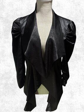 Joseph Ribkoff Black Satin Draped Open Front Jacket Blazer Puff Sleeve 10